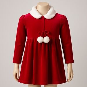 Gymboree, Girl’s Long Sleeve Red Hoodie Dress, White Pom-pom & Faux Fur - Size 5